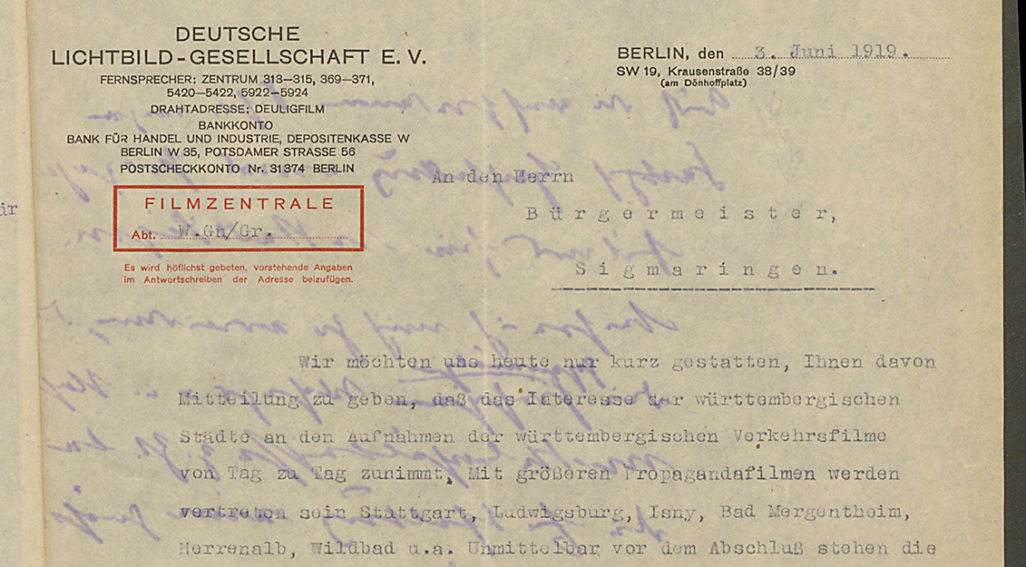 Angebot an den Bürgermeister von Sigmaringen zur Produktion eines Werbefilms, 3.6.1919, (Quelle: Landesarchiv BW, StAS Dep. 1 T 3-4 Nr. 1677, Bild 116) 