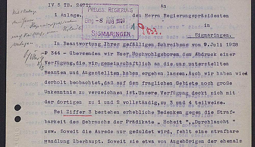 Konflikt zwischen dem fürstlichen Haus Hohenzollern und der preußischen Regierung Sigmaringen v.a. wegen Titelführung des fürstlichen Familienoberhaupts, 9. Juli 1928, (Quelle: Landesarchiv BW, StAS Ho 235 T 3_53, Bild 46)