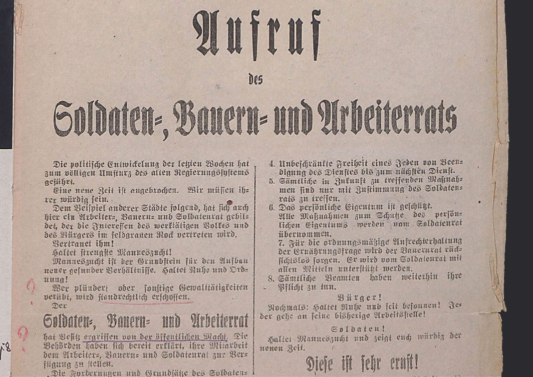 Aufruf zur Versammlung des Soldaten-, Arbeiter- und Bauernrats am 13. November 1918 in Hechingen, (Quelle: Landesarchiv BW, StAS Ho 235 T 3 Nr. 408, Bild 6)
