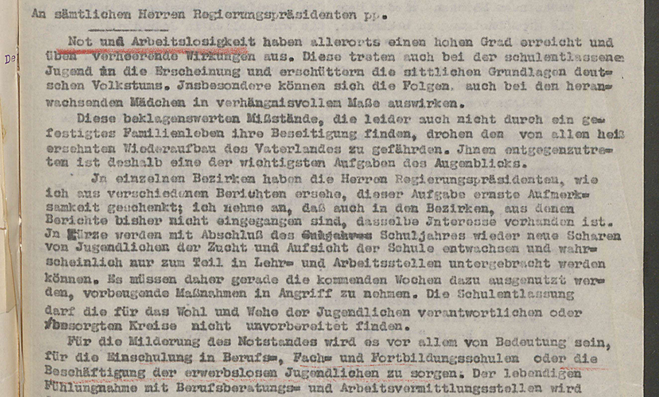 Vorgaben zur Beschäftigung der Jugend, Schreiben des preußischen Ministers für Volkswohlfahrt an die Regierungspräsidenten, 15.02.1924, (Quelle: Landesarchiv BW, StAS Dep. 1 T 3-4 Nr. 1133, Bild 416)
