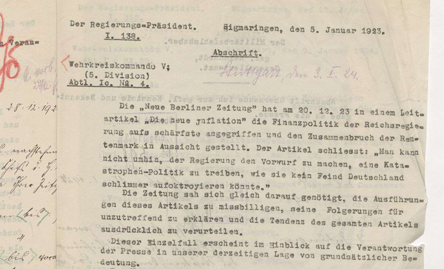 Schreiben des Oberbefehlshabers des Wehrkreiskommandos 5 an den Regierungspräsidenten in Sigmaringen wegen kritischer Äußerungen der lokalen Presse, 3.1.1927, (Quelle: Landesarchiv BW, StAS Ho 13 T 1 Nr. 221, Bild 721)