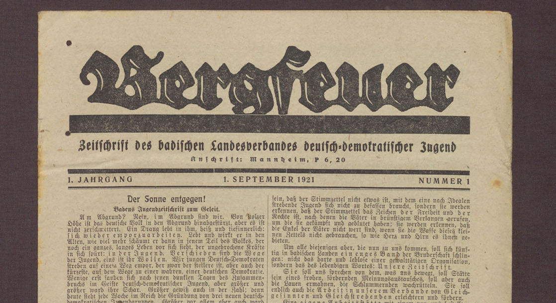 Erstausgabe der Jugendzeitschrift Bergfeuer vom 1. September 1921, herausgegeben vom Badischen Landesverband deutsch-demokratischer Jugend, (Quelle: Landesarchiv BW, GLAK FA N 5389, 1)
