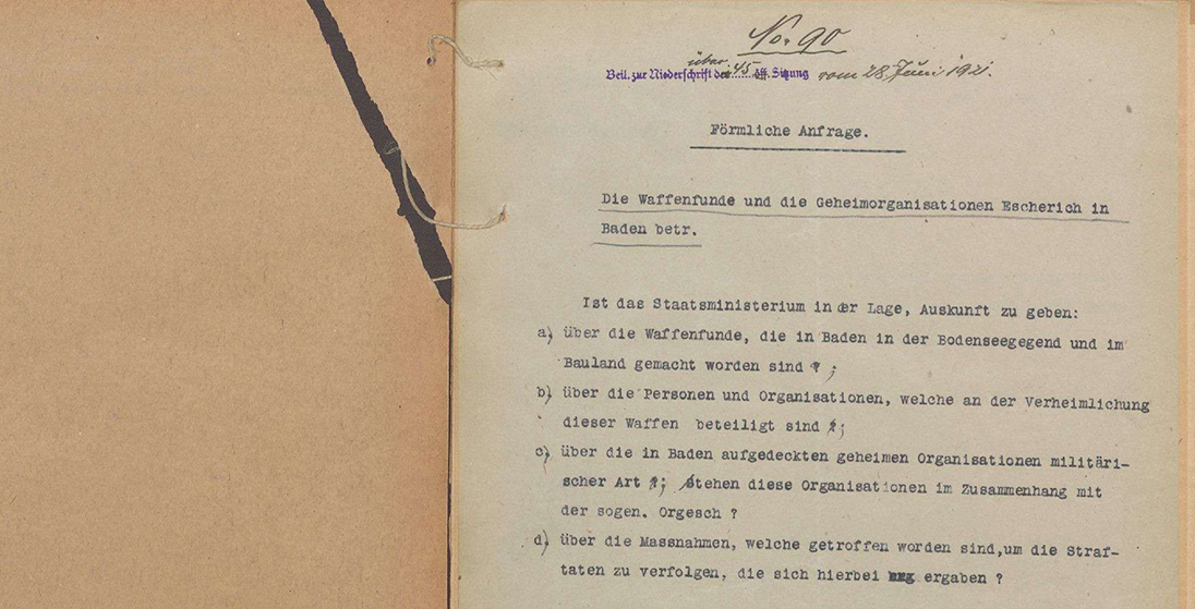 Anfrage des Abgeordneten Fritz Maier, SPD, zu Waffenfunden der Organisation Escherich, (Quelle: Landesarchiv BW, GLAK 231 Nr. 7476, Bild 2)