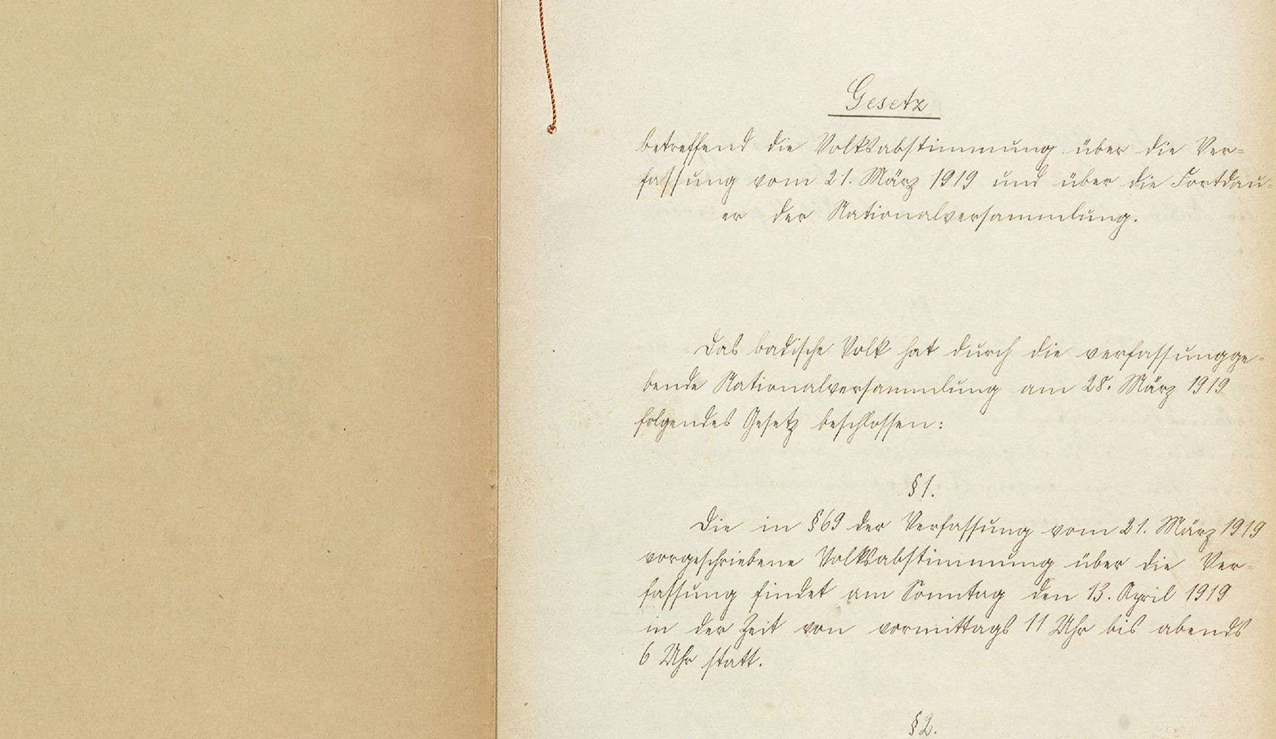 Gesetz zur Volksabstimmung über die badische Verfassung, 21.3.1919, (Quelle: Landesarchiv BW, GLAK 230 Nr. 2207, Bild 2)