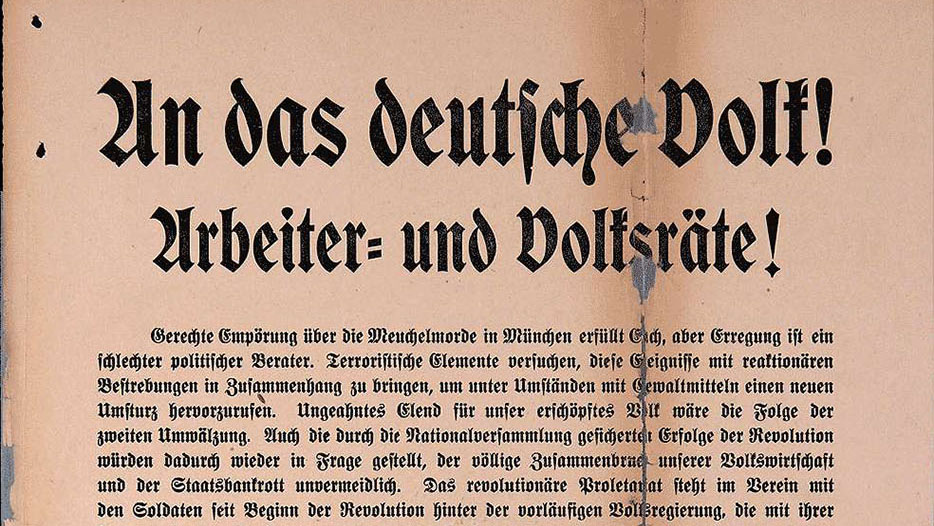 Plakat der Landeszentrale und des Elferrats der Arbeiter-, Bauern- und Volksräte Baden, 22. Februar 1919 (Quelle: Landesarchiv BW, StAF W 110-1 Nr. 0105)