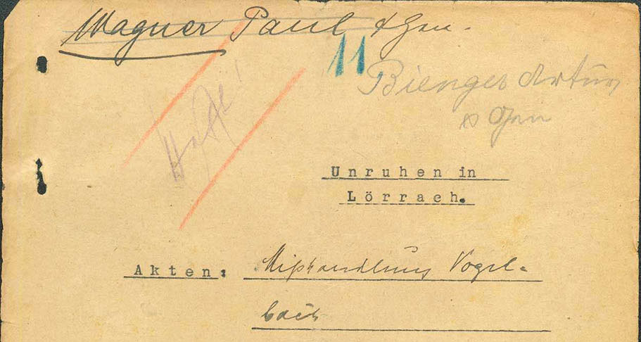 Ermittlungsakte der Staatsanwaltschaft Freiburg wegen der Lörracher Unruhen, 1923 (Quelle: Landesarchiv BW, StAF A 40-1 Nr. 195)