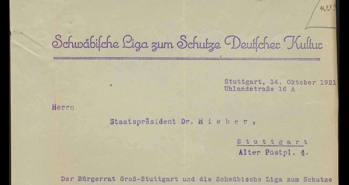 Einladung der Schwäbischen Liga zum Schutze Deutscher Kultur an Staatspräsident Hieber zur Eröffnung der Friedensvertragsausstellung, 14.10.1921, (Quelle: Landesarchiv BW, HStAS E 130 b Bü 2564, Bild 34)