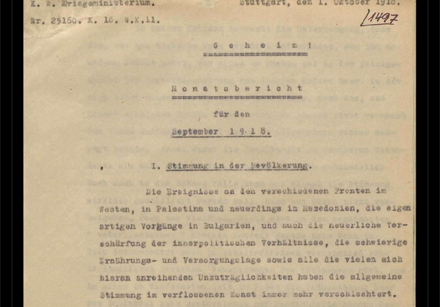 Monatsbericht des Königlich Württembergischen Kriegsministeriums zur Verschlechterung der Gesamtsituation im September 1918, 1.10.1918, (Quelle: Landesarchiv BW, HStAS E 130 b Bü 3803, Bild 18)