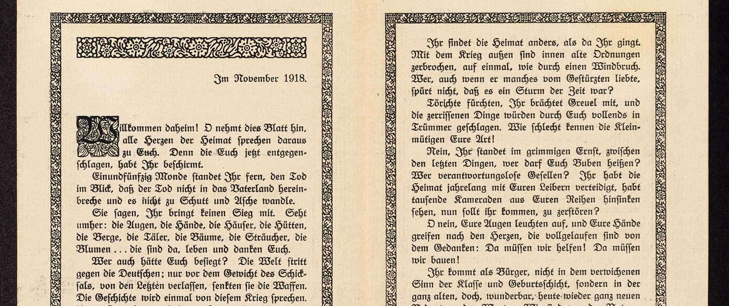 Den heimkehrenden Schwaben: Aufruf von Hans Heinrich Ehrler im Namen des württembergischen Arbeitsministeriums, November 1918, (Quelle: Landesarchiv BW, HStAS P 2 Bü 69)