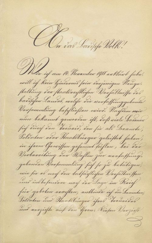 Urkunde über den Thronverzicht Seiner Königlichen Hoheit des Großherzogs Friedrich und Seiner Großherzoglichen Hoheit des Prinzen Max von Baden