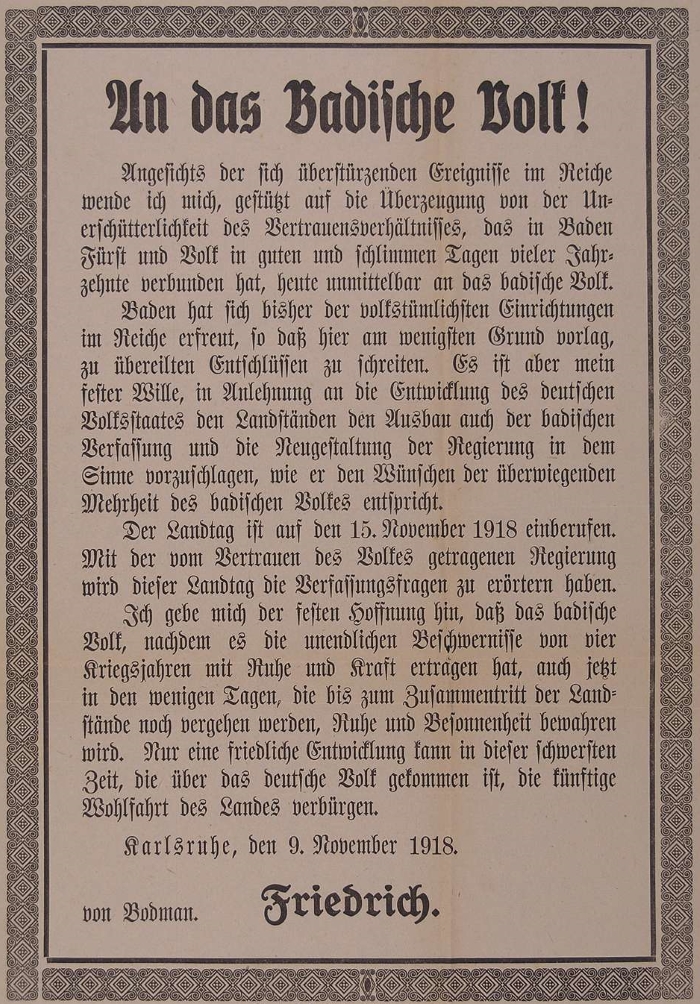 An das badische Volk. Landtagseinberufung, Nov. 1918