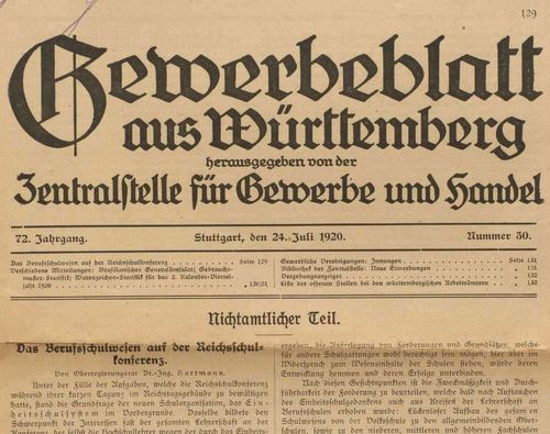 Bericht über die Reichsschulkonferenz im Juni 1920 im Gewerbeblatt aus Württemberg (LAndesarchiv BW, HStAS E 130 b Bü. 1464)