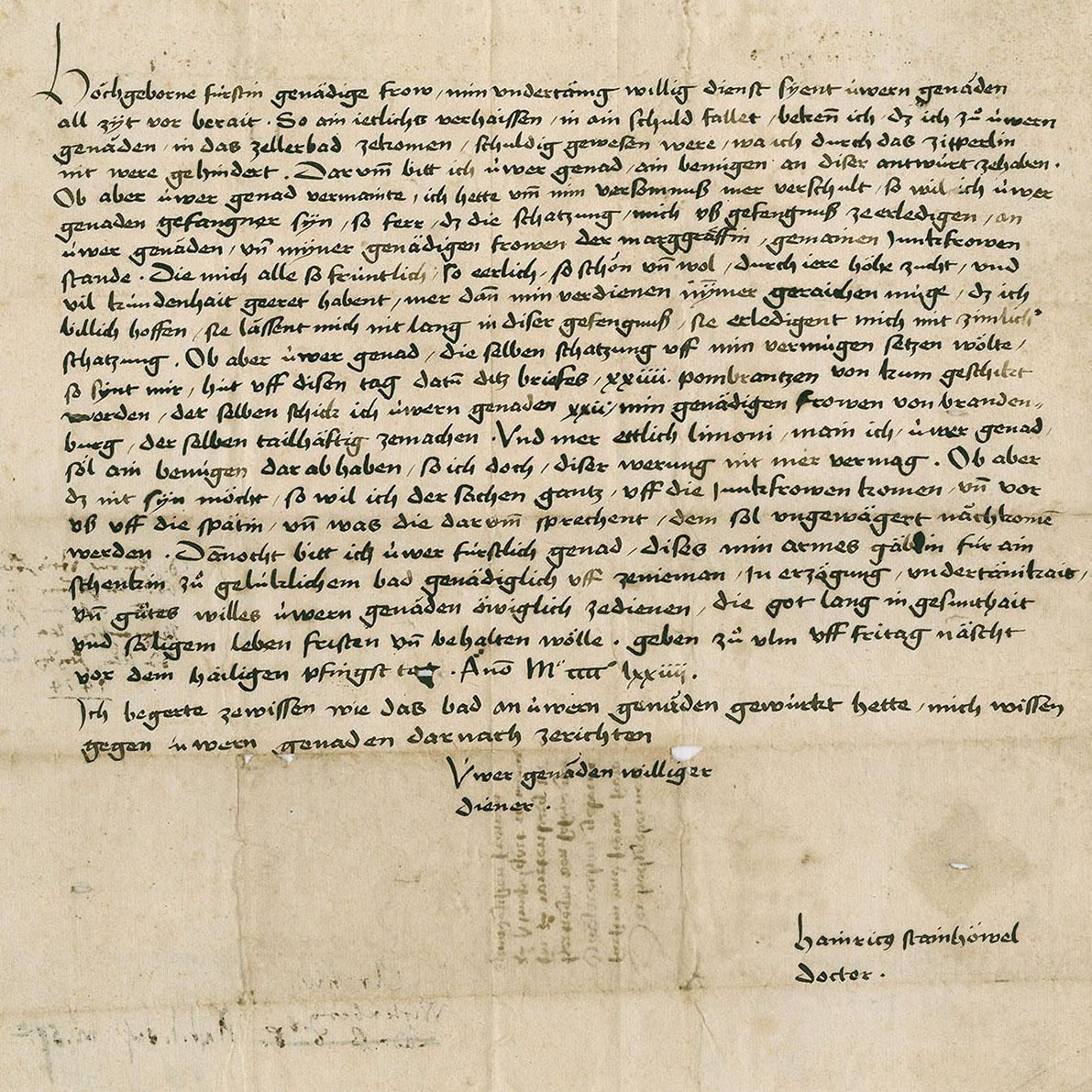 Brief des berühmten Literaten und Arztes Dr. Ludwig Steinhöwel an Margarethe von Savoyen vom 27. Mai 1474. Vorlage: Landesarchiv BW, HStAS A 602 Nr. 260