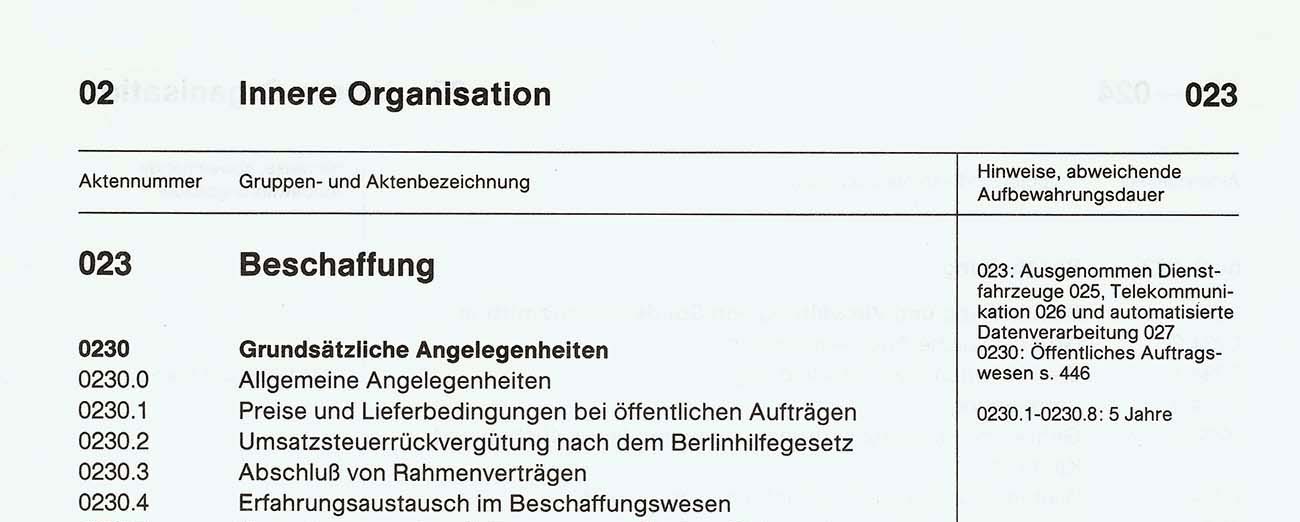 Auszug aus dem Landeseinheitlichen Aktenplan der baden-württembergischen Landesverwaltung von 1984, (Aufnahme: Landesarchiv BW)