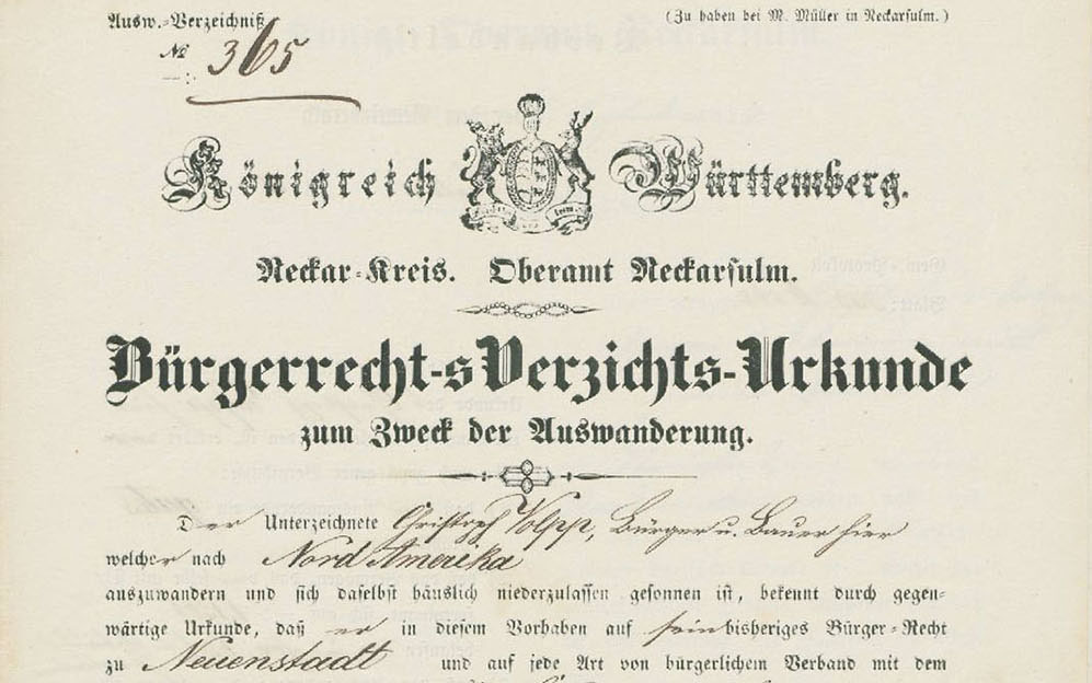 Bürgerrechts-Verzichts-Urkunde des Königreichs Württemberg, Oberamt Neckarsulm, (Quelle: Landesarchiv BW, StAL F 187 Bü 44)