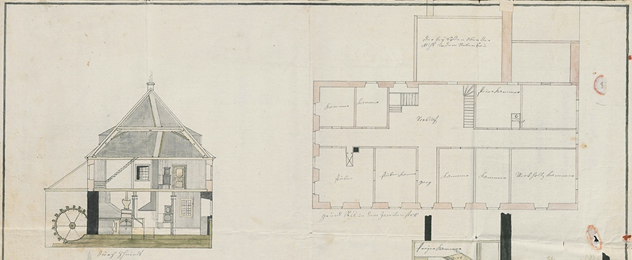 Bauplan zur Mahlmühle in Mergentheim mit einer Ansicht, einem Querschnitt und zwei Grundrissen, 1785 (Landesarchiv BW, StAL B 301 Bü 122)