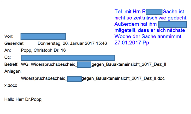 Bildschirmkopie eines Vermerkes auf einer eingegangenen und zum Vorgang genommenen E-Mail, Datum und Paraphe automatisch eingefügt; die Wiedervorlageverfügung am Ende der E-Mail ist nicht abgebildet