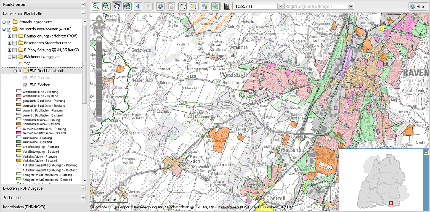 Rasterdaten (topographische Karte) mit Typen von Flächennutzungsplänen als Vektordaten, (Quelle: Geoportal Raumordnung (Ausschnitt), betrieben von Verkehrsministerium, Regierungspräsidien und den Trägern der Regionalplanung)