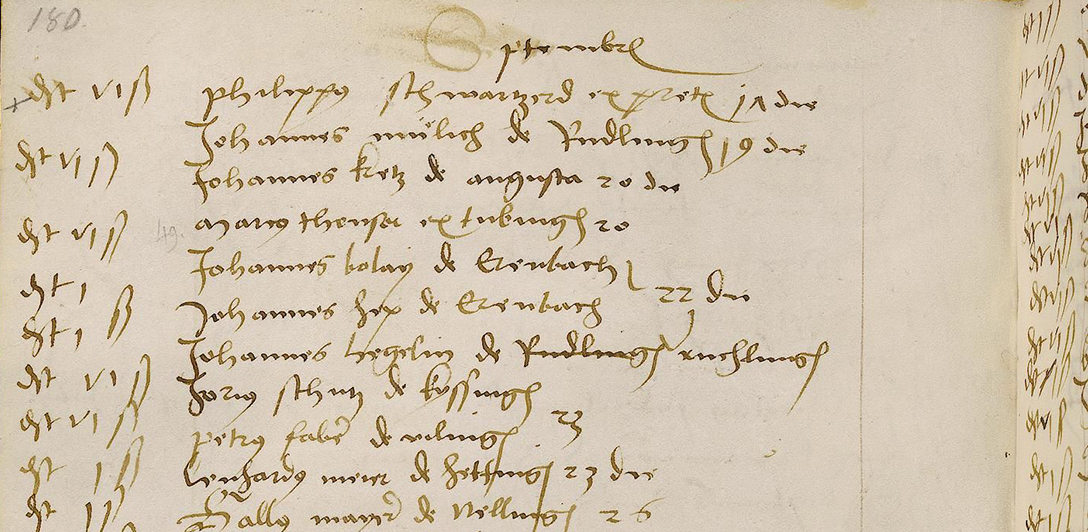 Einträge in die Matrikel der Universität Tübingen September-Dezember 1512, ganz oben Philipp Melanchthon (Philippus Schwartzerd), (Quelle: Universitätsarchiv Tübingen 5/24, S. 180)