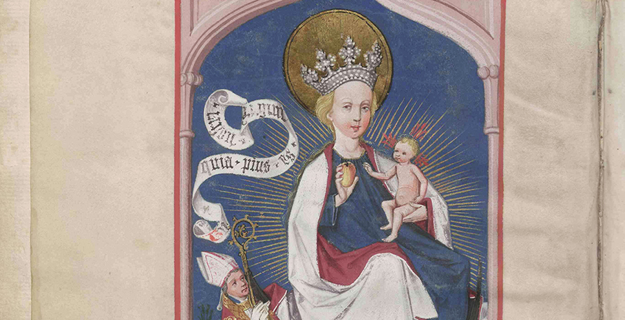 Bischof Matthias Ramung in Anbetung der Muttergottes, aus: Lehnbuch des Bischofs Matthias Ramung (1465/68), (Quelle: Landesarchiv BW, GLAK 67 Nr. 300, 3)