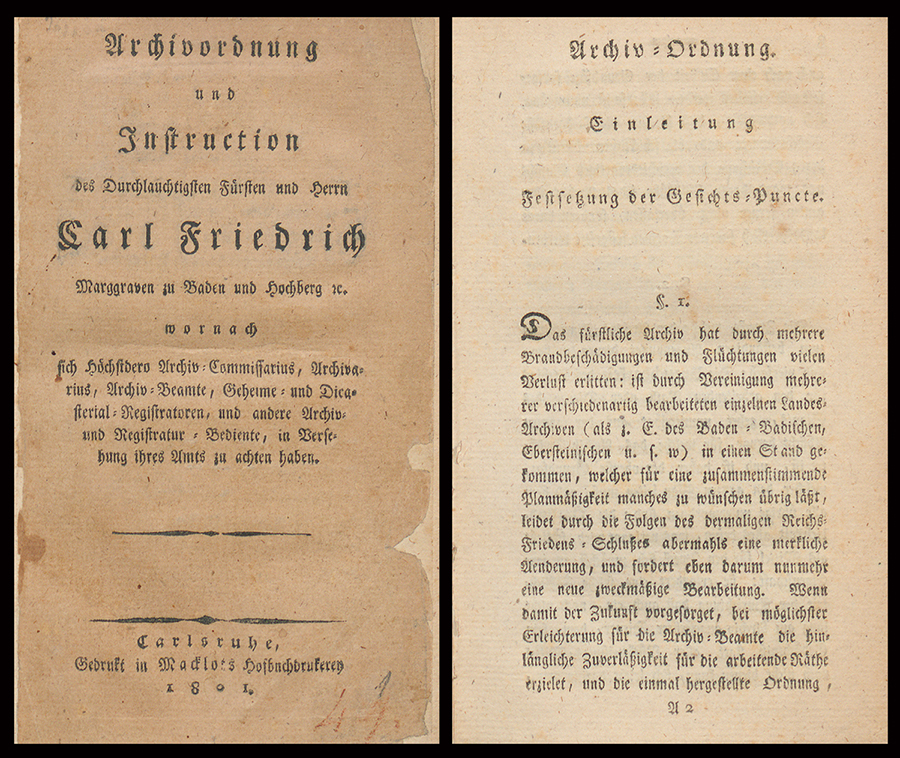 Archivordnung nach Rubriken von Hofrat Friedrich Nikolaus Brauer, Titel und Einleitung der gedruckten Version, Karlsruhe, 1801