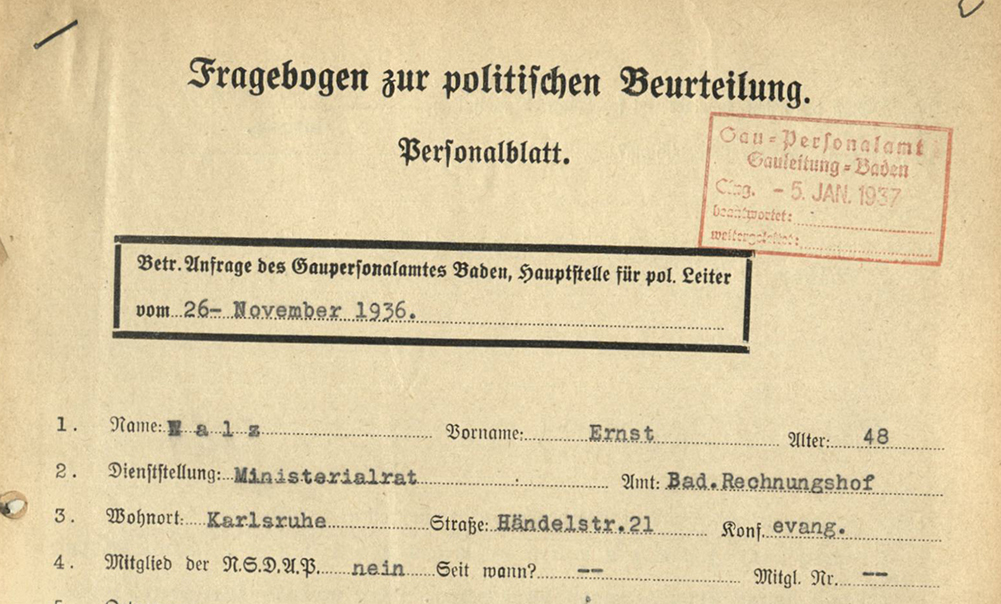 Politische Beurteilung wegen Zurruhesetzung für Ernst Walz, Ministerialrat am Badischen Rechnungshof, 26. November 1936 (Quelle: Landesarchiv BW, GLAK 465 c Nr. 418)