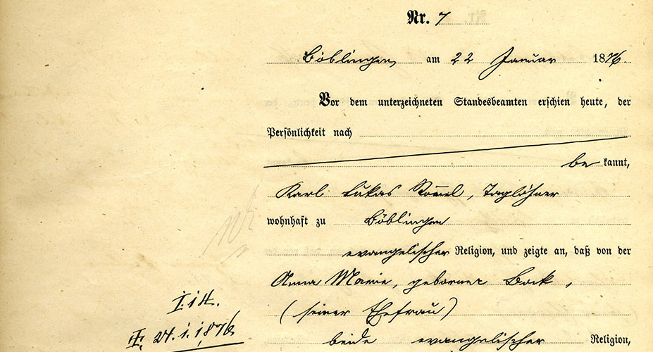 Geburtenbuch von Böblingen, 1876, (Quelle: Stadtarchiv Böblingen A 16 1 Nr. 1)