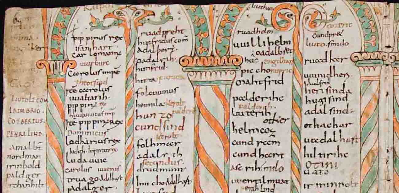 Beispiel einer Seite mit Bogenstellungen (Arkaden), Pagina 8 des älteren St. Galler Verbrüderungsbuches, gut erkennbar in der linken Kolumne oben König Pippin: pippinus rex (Quelle: Stiftsarchiv St. Gallen, C3 B55)