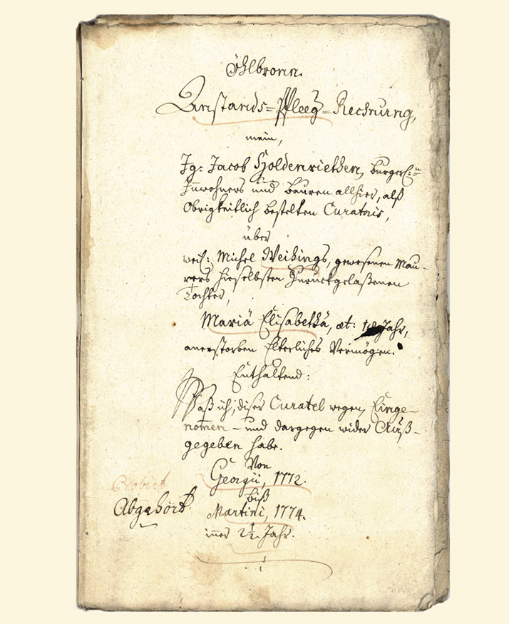 Titelblatt der ersten Ölbronner Pflegrechnung für Maria Elisabetha Weihing, 1772-1774, (Quelle: Gemeindearchiv Ölbronn) 