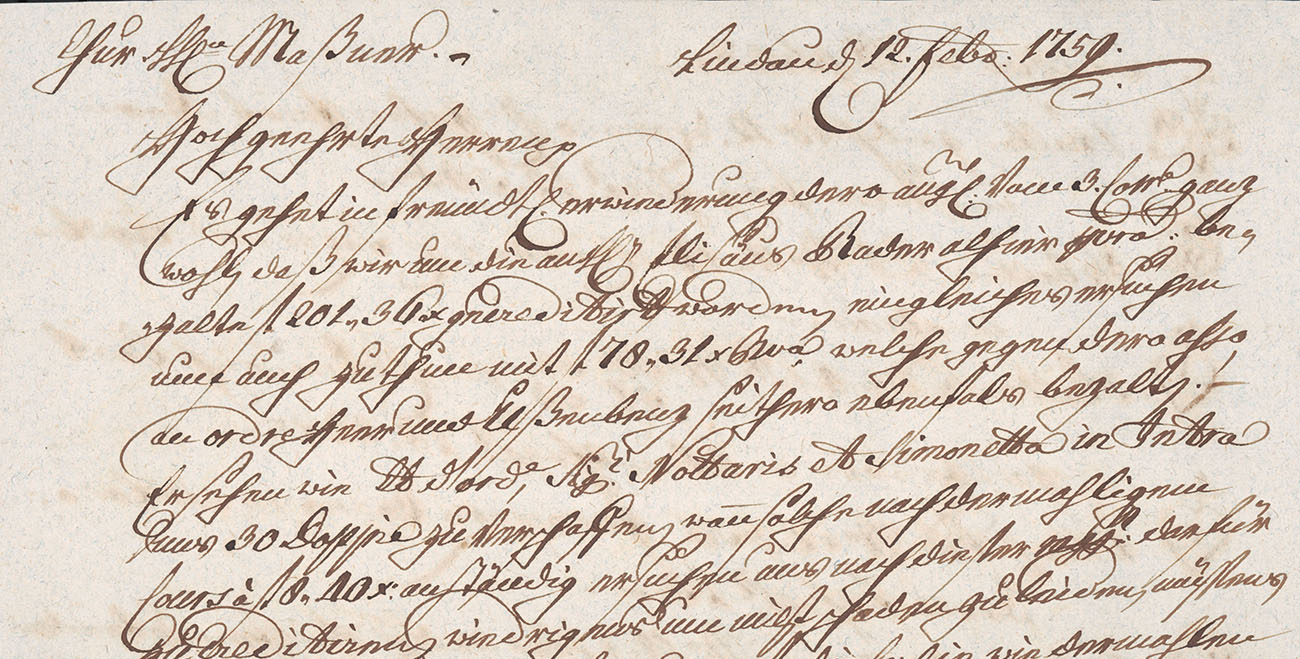 Warenbegleitbrief, Speditionshaus Massner, 1759, (Quelle: Stadtarchiv Ulm, G2 Maßner, Gebrüder)