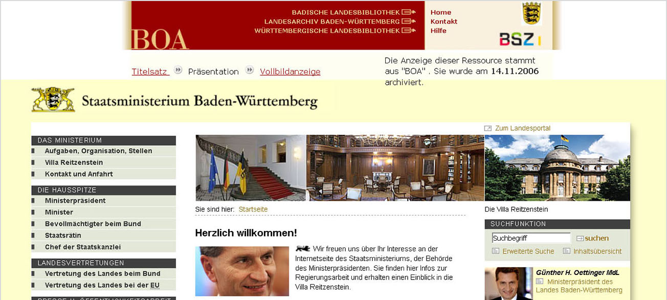 Älteste archivierte Website des Staatsministeriums Baden-Württemberg, Spiegelung vom 14. November 2006 (Quelle: LandesarchivBW, HStAS EA 1/190)