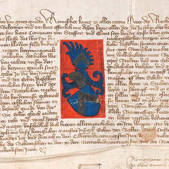 Wappenbrief für die Brüder Hans und Klaus Cuntzmann von Staffort 1392, (Quelle: Landesarchiv BW, GLAK D 426)