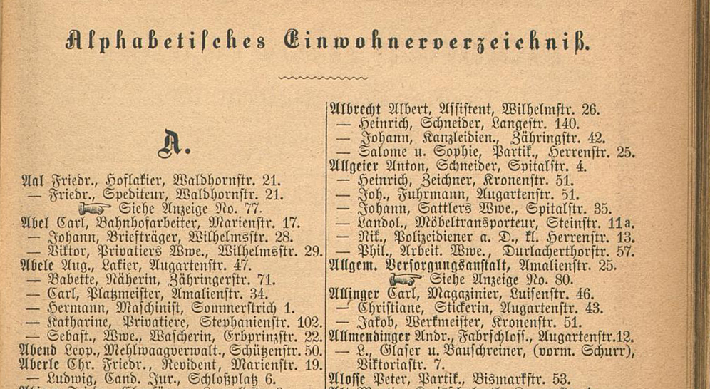 Karlsruher Adressbuch 1875, alphabetisches Verzeichnis der Einwohner, (Quelle: Badische Landesbibliothek Karlsruhe)