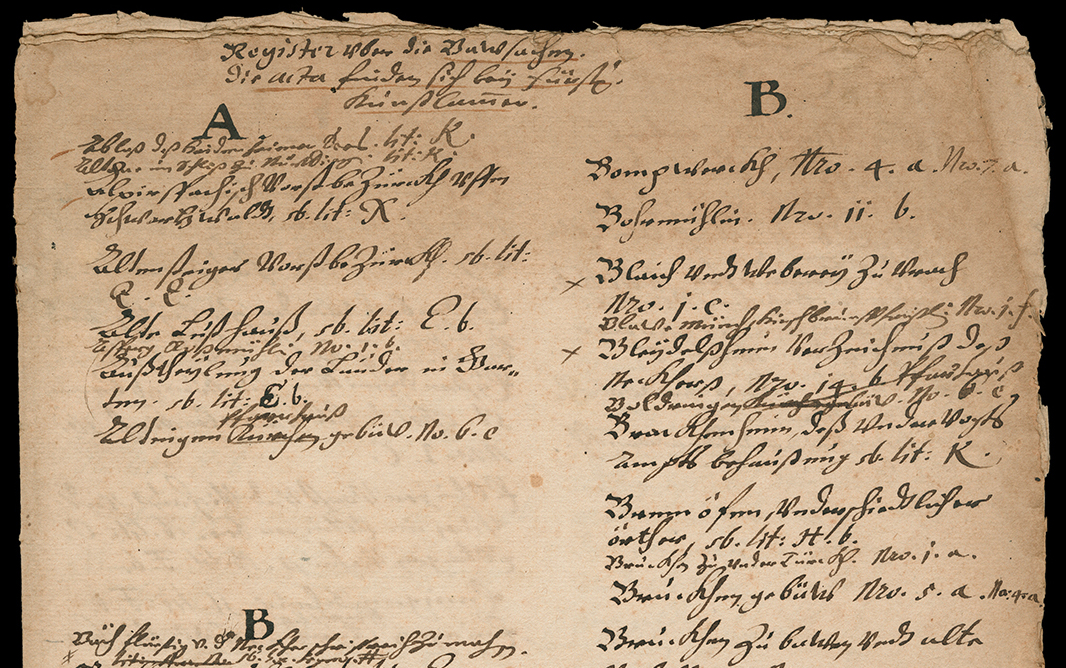 Alphabetisches Orts- und Sachregister aus dem Inventar Schickhardts von 1660 (Quelle: Landesarchiv BW, HStAS A 265 Bü 109)