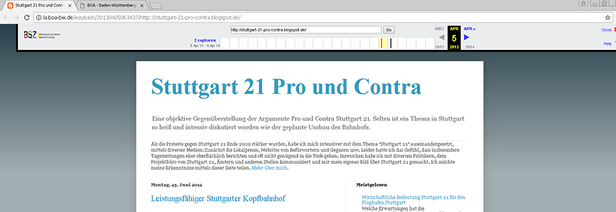 Stuttgart 21 Pro und Contra, Blog von Alexander Zinsstag im Baden-Württembergischen Online-Archiv BOA, (Quelle: BOA/Landearchiv BW, HStAS J 126)