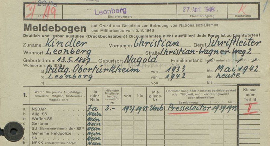 Meldebogen der Spruchkammer Leonberg, 1948 (Quelle: Landesarchiv BW, StAL EL 902/14 Bü 4475)