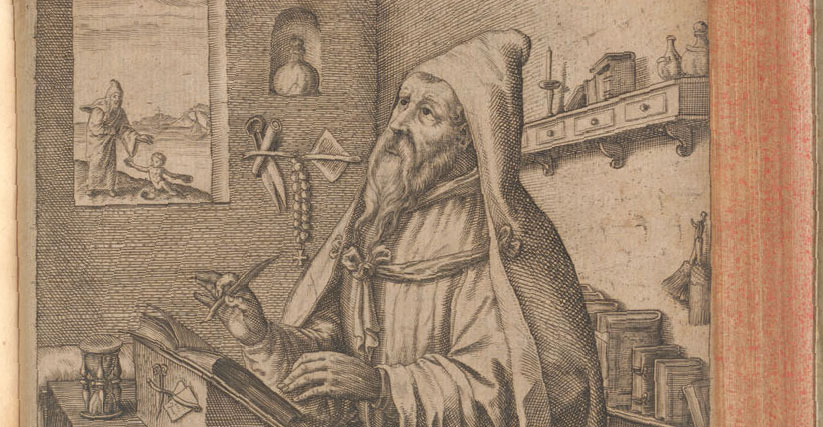 Der Kirchenvater Augustinus als Verfasser zahlreicher theologischer Schriften, Kupferstich vermutlich von Clemens Ammon, 1631, (Quelle: Unibibliothek Tübingen)