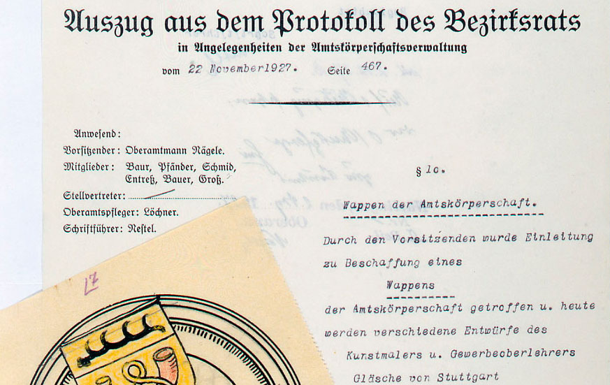 Protokoll des Bezirksrats, Oberamt Nürtingen, zur Beschaffung eines Wappens, 1927, (Quelle: Kreisarchiv Esslingen, S 1 PA 5523 B 10/48)