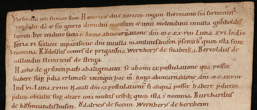 Traditionsnotiz aus dem Kloster Ochsenhausen, 12. Jahrhundert, (Quelle: Landesarchiv BW, HStAS B 481 U 199 Bl. 2r)