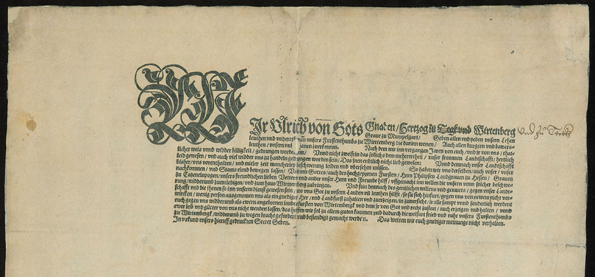 Generalreskript Herzog Ulrichs an seine Lehenleute und Untertanen, ihn wieder als Landesherrn anzuerkennen vom 1. Mai 1534, Quelle: Landesarchiv BW, HStAS A84 Bü 29
