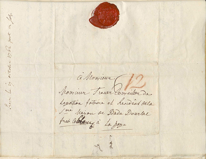 Brief der Karoline Luise von Baden an Gottlieb Heinrich Treuer vom 11. Oktober 1762, Rückseite, (Quelle: Landesarchiv BW, GLAK FA 5 A Corr 37, 19)