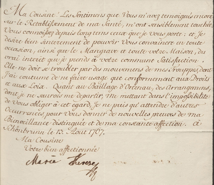 Brief der Kaiserin Maria Theresia an Karoline Luise von Baden vom 13. August 1767, GLA Karlsruhe, (Quelle: Landesarchiv BW, GLAK FA 5 A Corr 5, 10)