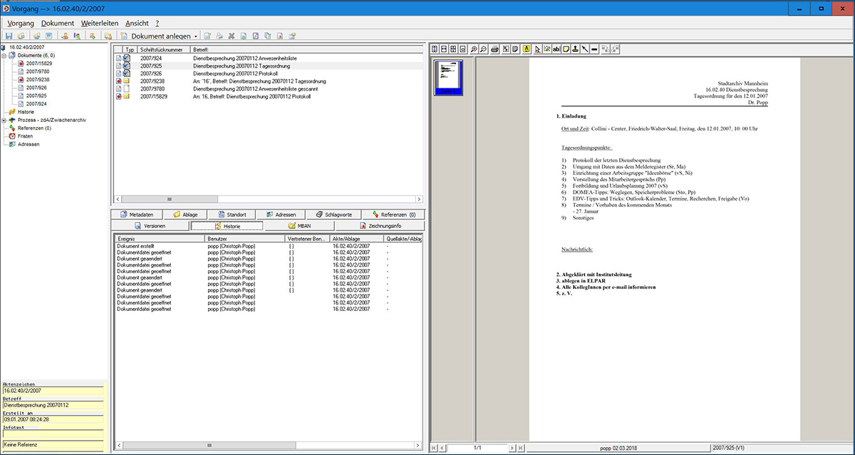 Bildschirmkopie DOMEA Vorgang (Dienstbesprechung vom 12.01.2007) mit sechs Dateien: drei Word-Dokumente, eine E-Mail und ein gescanntes Dokument sowie der sog. Historie als Beispiel für die Metadaten eines einzelnen Dokuments