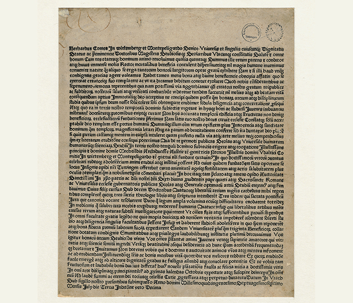 Einladung von Graf Eberhard zum Besuch der Universität, Flugblatt von 1477, (Quelle: Universitätsarchiv Tübingen U 1a)