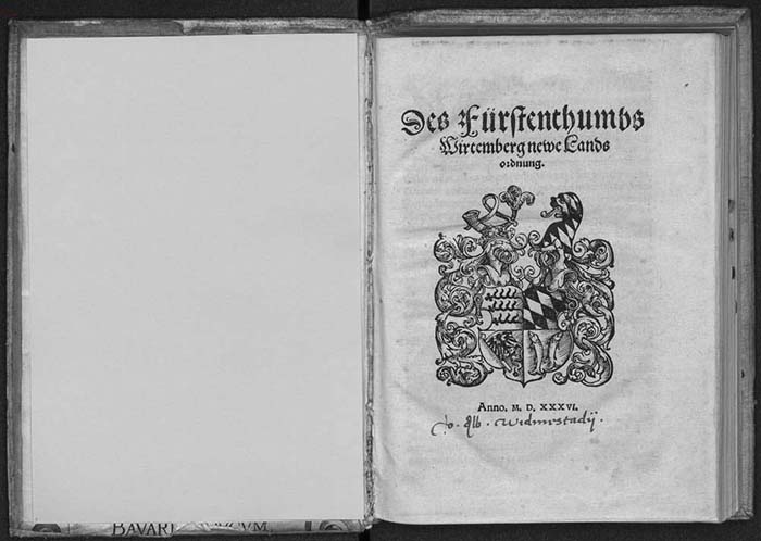 Württembergische Landesordnung von 1536, Titelseite, (Quelle: Bayerische Staatsbibliothek München, Res/4 J.germ. 97, fol. 2)