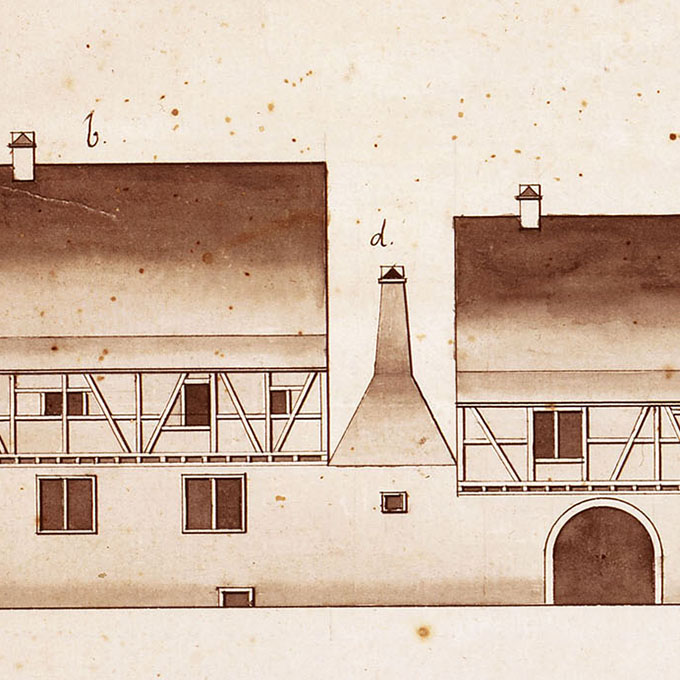  Beispielhafte Darstellung des Rauchabzugs eines Backofens auf einem Plan von 1787, bei dem es sich allerdings nicht um den des Bäckers Christoph Merckel handelt. Vorlage: Landesarchiv BW, StAWt-R K 854