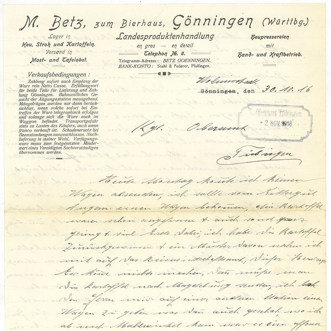Matthäus Betz an das Oberamt Tübingen, 30. Oktober 1916. Vorlage: Landesarchiv BW, StAS Wü 65/36 T 1-2 Nr. 510