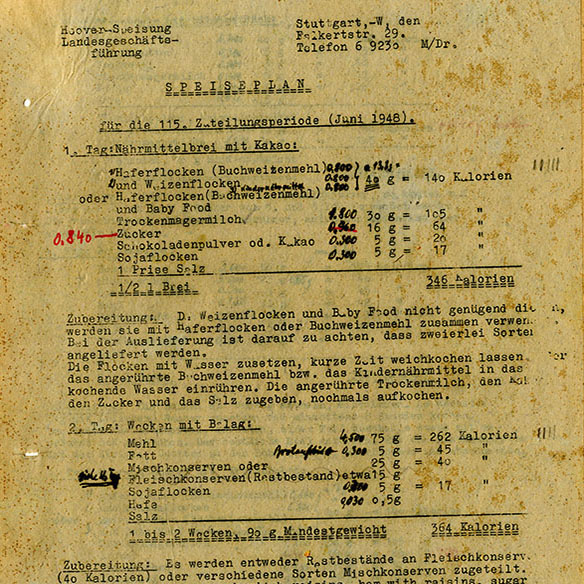 Speiseplan für die 115. [Lebensmittelmarken-] Zuteilungsperiode (Juni 1948) mit Kochanleitungen. Vorlage: Landesarchiv BW, StAWt-K G 40 A 969