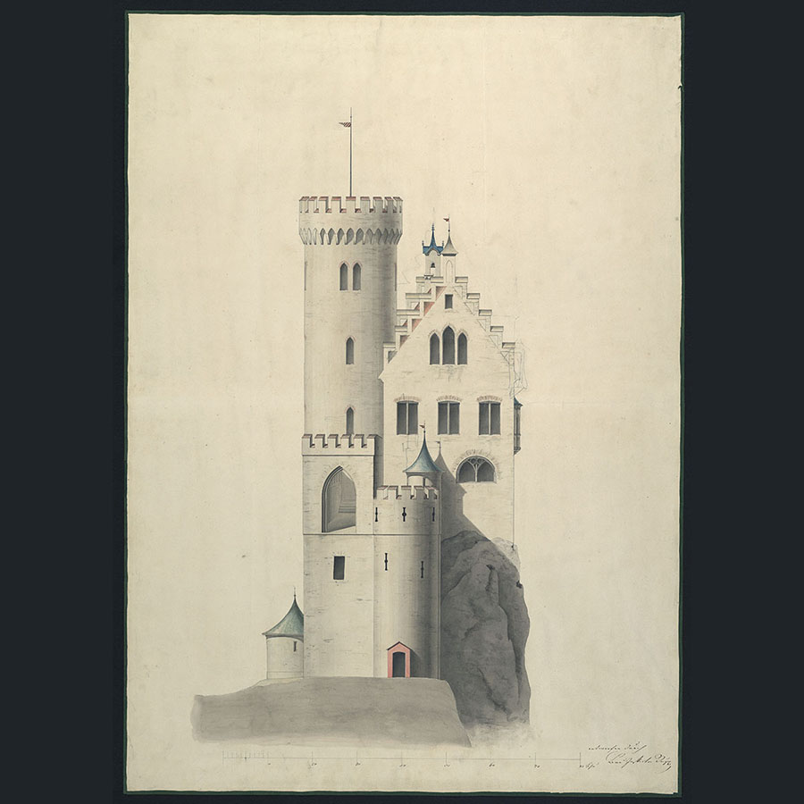 Schloss Lichtenstein, Aufriss der Südostfassade, kolorierte Federzeichnung, o. D. Quelle: Landesarchiv BW, HStAS GU 97 Nr. 2