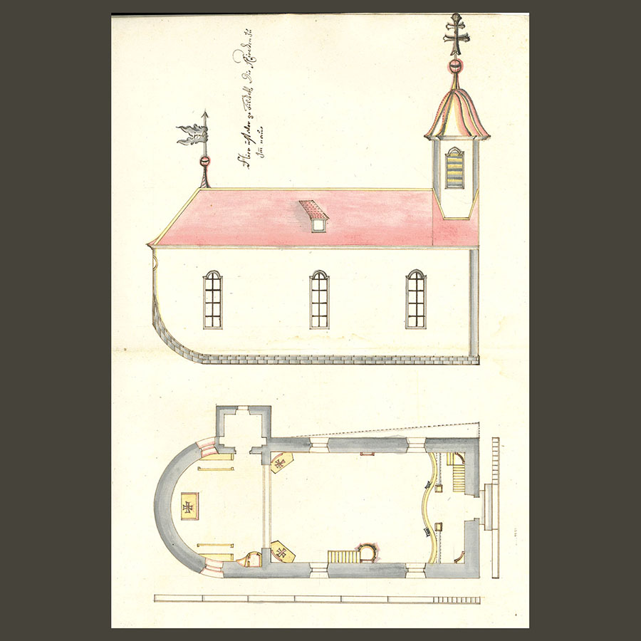 Grund- und Aufriss Christian Großbayers für den Kirchenneubau in Bad Imnau, vermutlich 1776. Quelle: Landesarchiv BW, StAS Ho177 T 4 Nr. 495